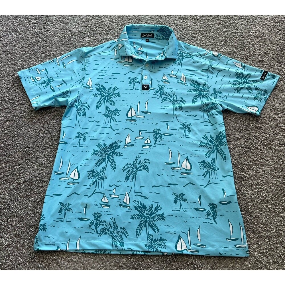 Bad Birdie The Castaway Polo Performance Stretch Blue Palm Trees Boats Mens L